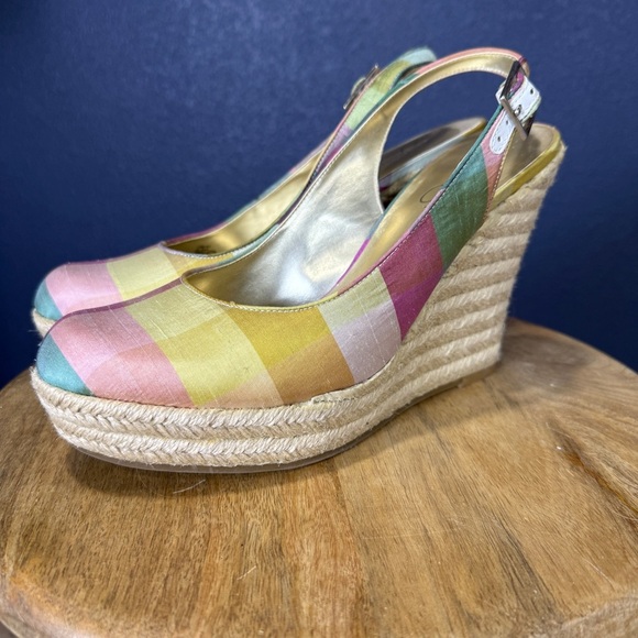 Jessica Simpson Jada Pink, Yellow, & Blue Slingback Wedge Espadrilles, Size 10 - Picture 1 of 7